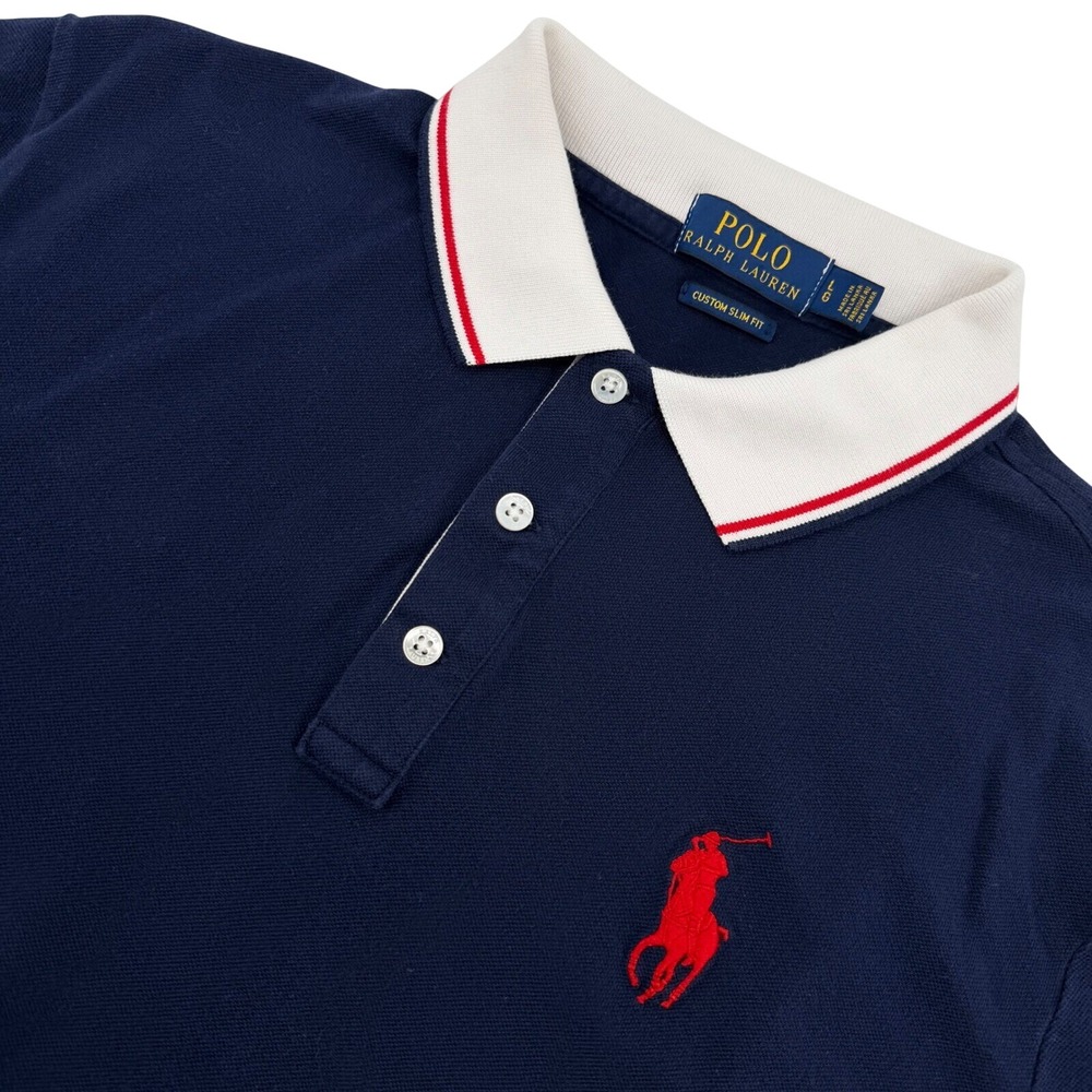 Polo Ralph Lauren Polo Shirt Mens L Navy Blue Custom Slim Fit Tipped Collar Pony